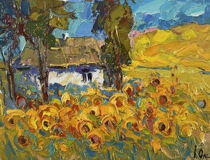 Vibrant impressionist oil painting of Oksana Ivanyuk lush sunny sunflower fields