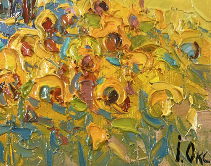 Vibrant oil painting of lush sunny sunflower fields by Oksana Ivanyuk