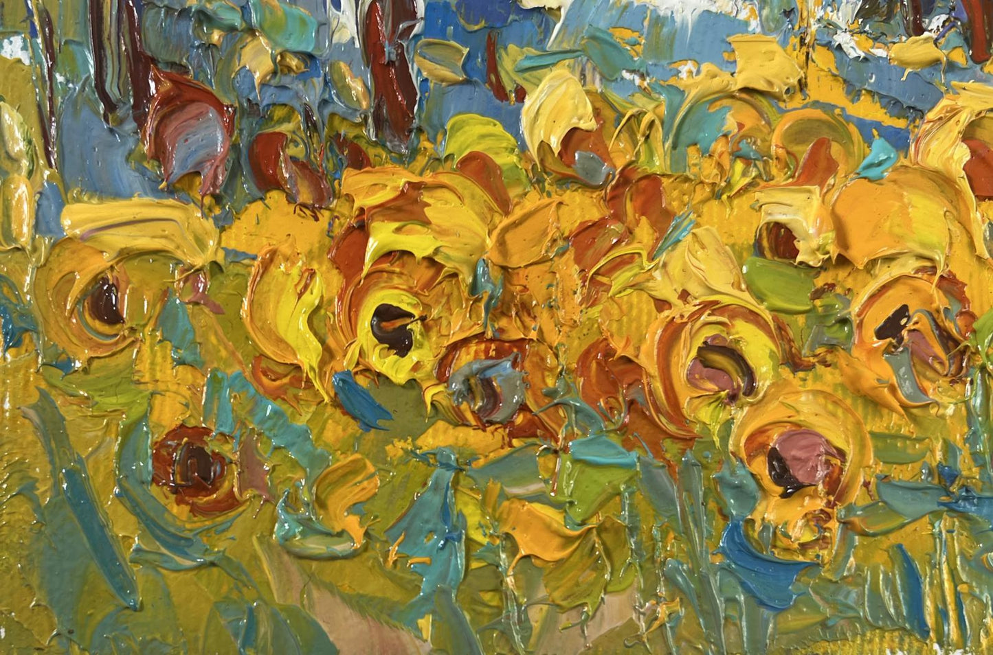 Oil painting of lush sunny fields with vibrant yellow sunflowers by Oksana Ivanyuk