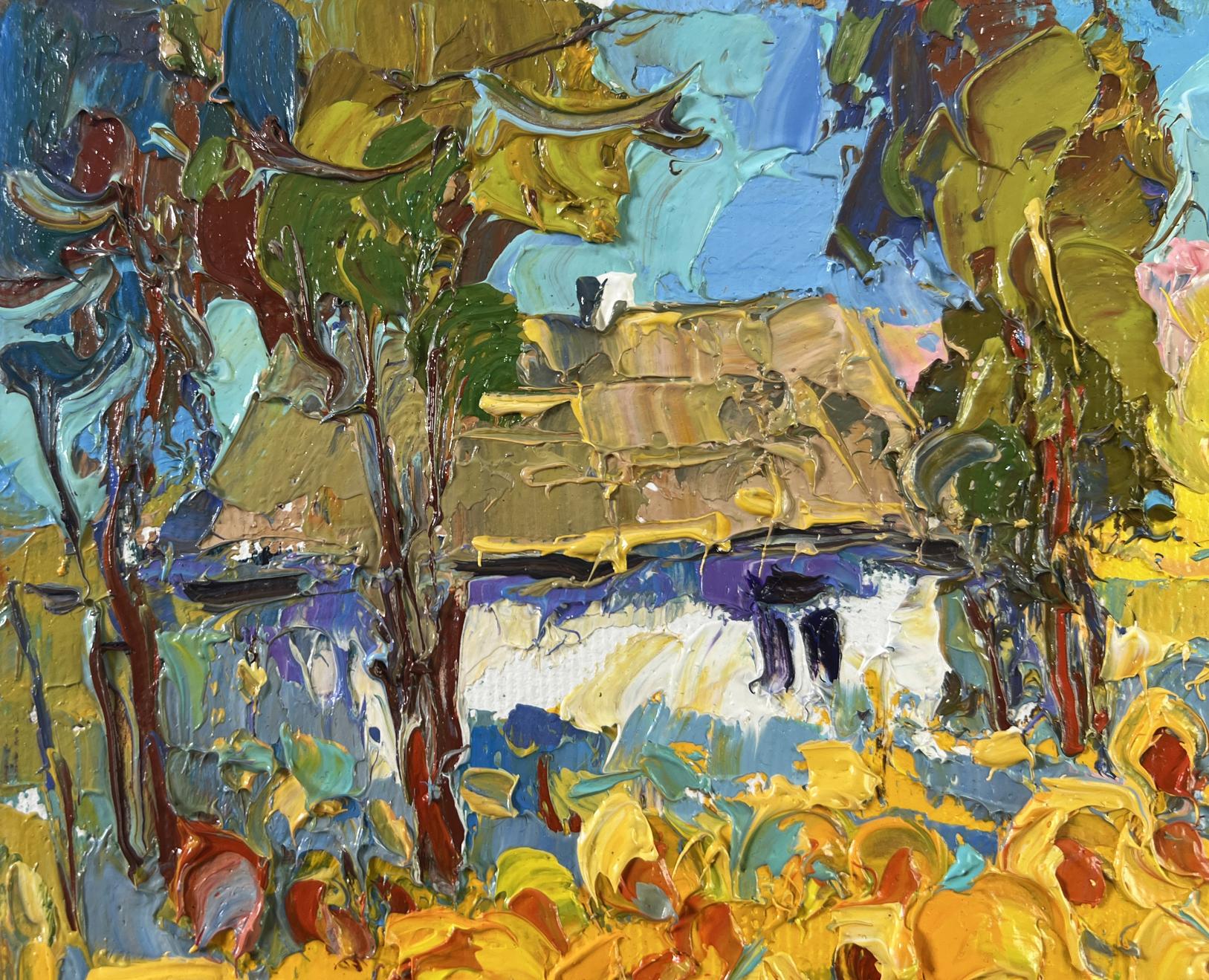 Vibrant impressionist oil painting by Oksana Ivanyuk of rustic cottage in lush sunny autumn fields