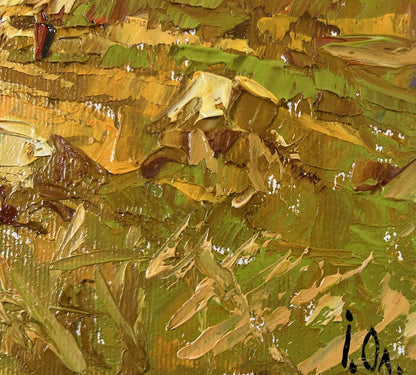 Oil painting Work in the Field by Oleksiy Ivanyuk, textured green and gold impasto