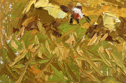 Oil painting Work in the field by Oleksiy Ivanyuk, impressionistic figure in white and red