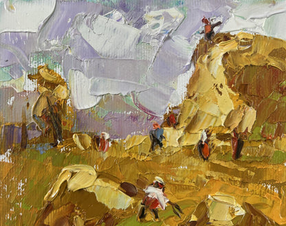 Oil painting Work in the Field by Oleksiy Ivanyuk, golden landscape