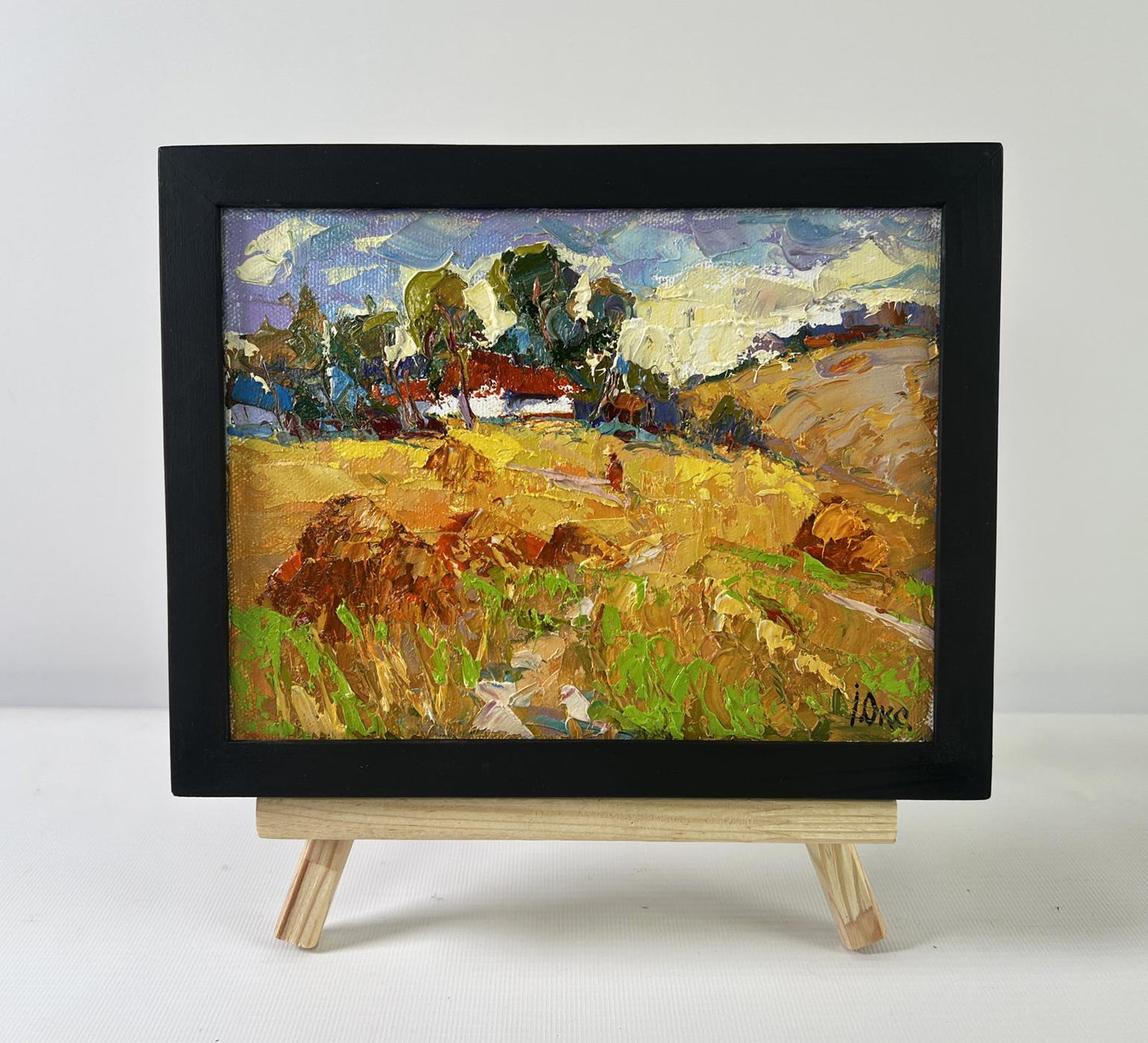 Framed Oil painting Edge of the village by Oksana Ivanyuk golden field scene