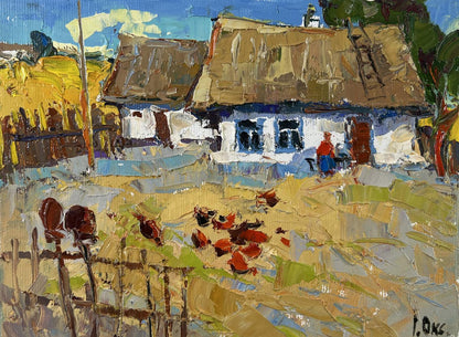 Oil painting by Oksana Ivanyuk: rustic white thatched house with blue frames