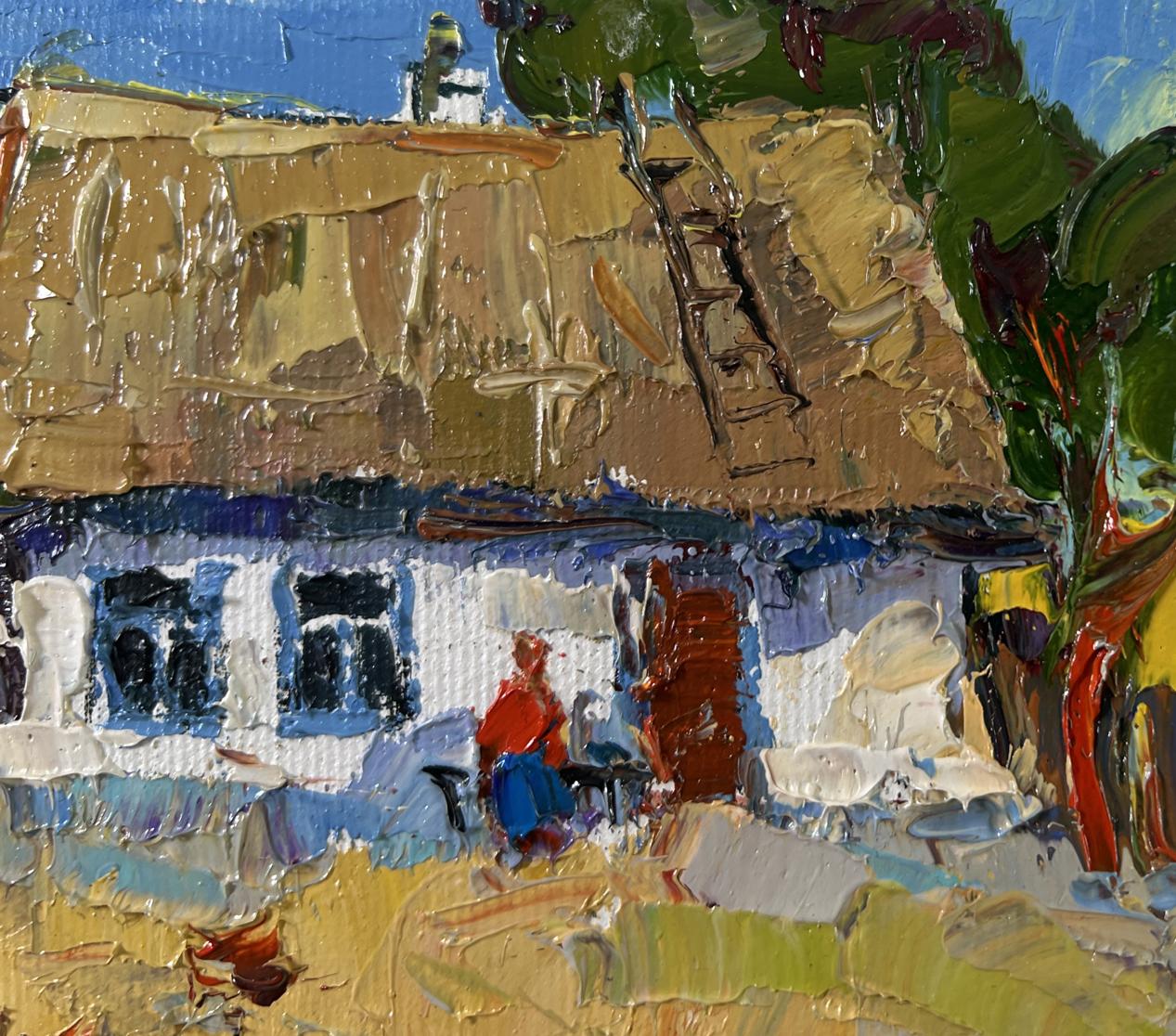 Oil painting of busy courtyard by Oksana Ivanyuk, thatched cottage impasto