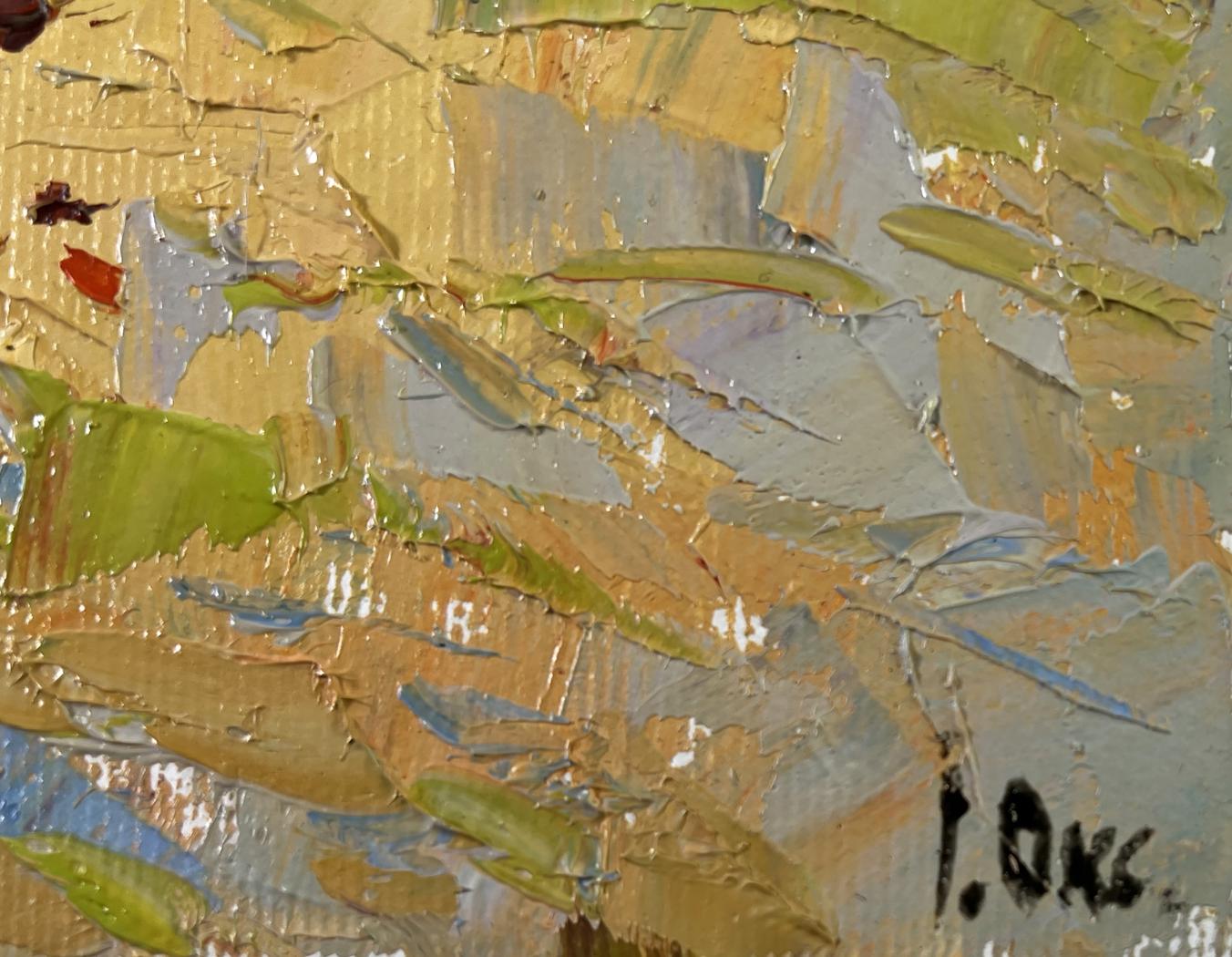 Textured impasto oil painting of busy courtyard by Oksana Ivanyuk in gold green blue