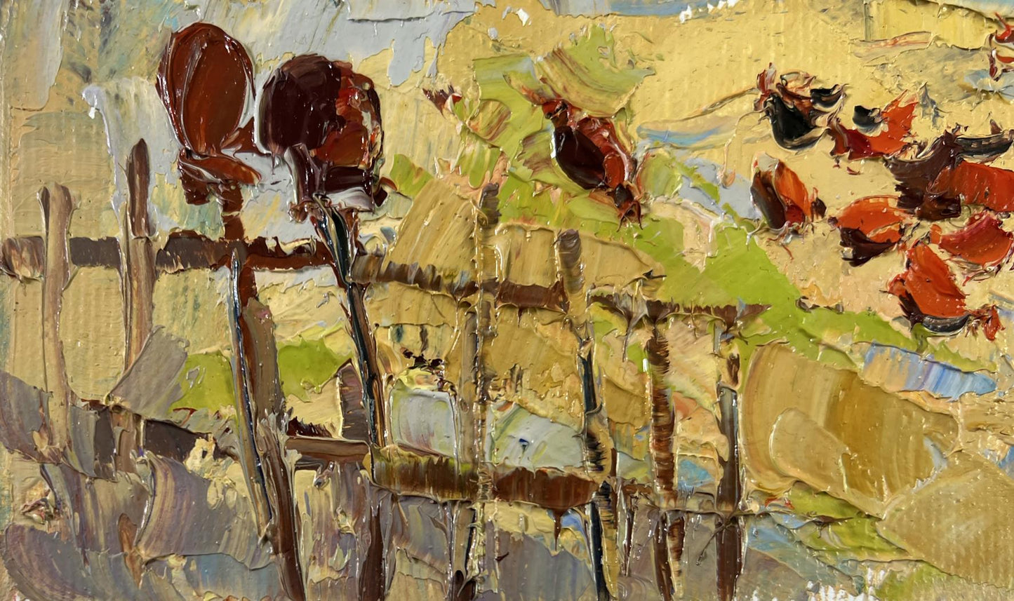 Oil painting of busy courtyard by Oksana Ivanyuk with red flowers