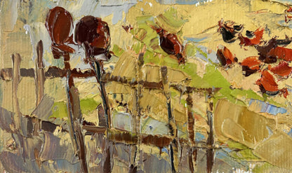 Oil painting of busy courtyard by Oksana Ivanyuk with red flowers