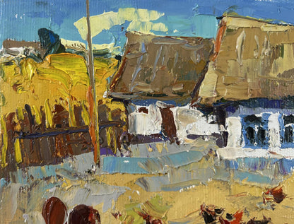Oil painting by Oksana Ivanyuk: rustic village house with thatched roof