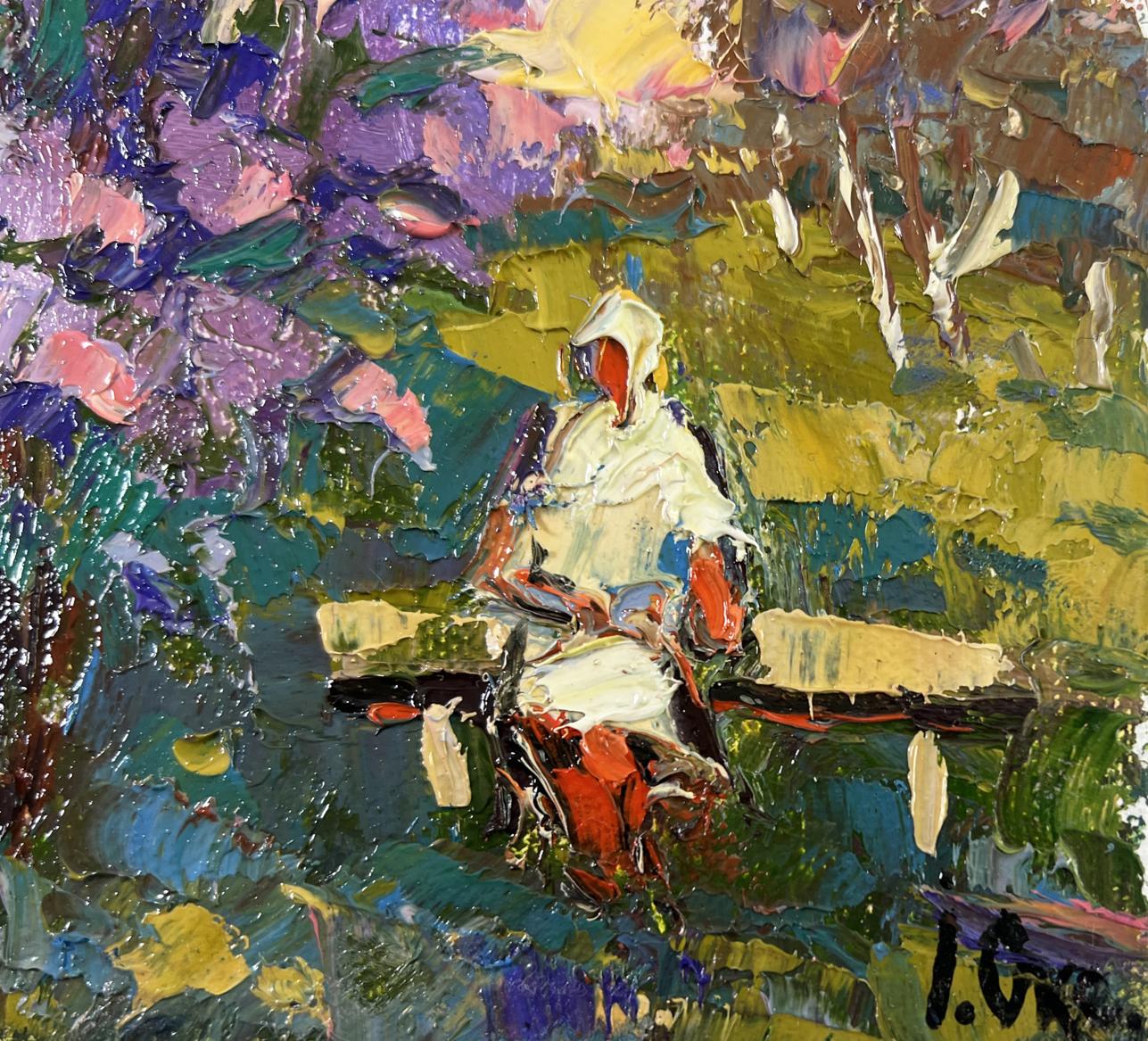 Oil painting On a walk near the lilacs by Oksana Ivanyuk textured figure on bench