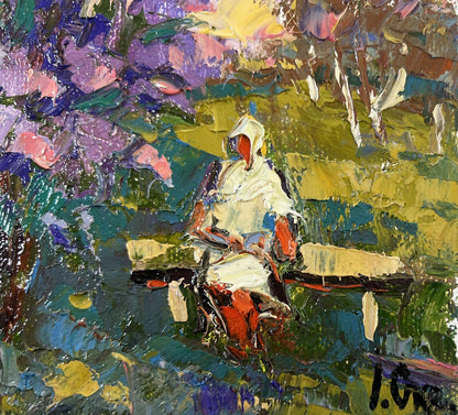 Oil painting On a walk near the lilacs by Oksana Ivanyuk textured figure on bench
