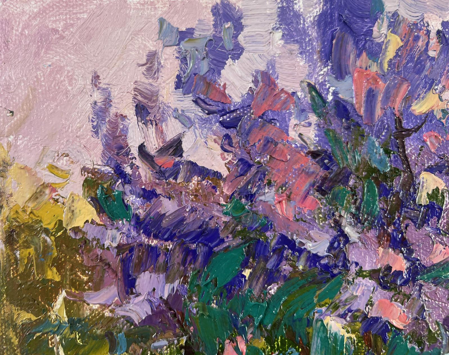 Vibrant impressionist oil painting On a walk near the lilacs by Oksana Ivanyuk