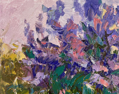 Vibrant impressionist oil painting On a walk near the lilacs by Oksana Ivanyuk