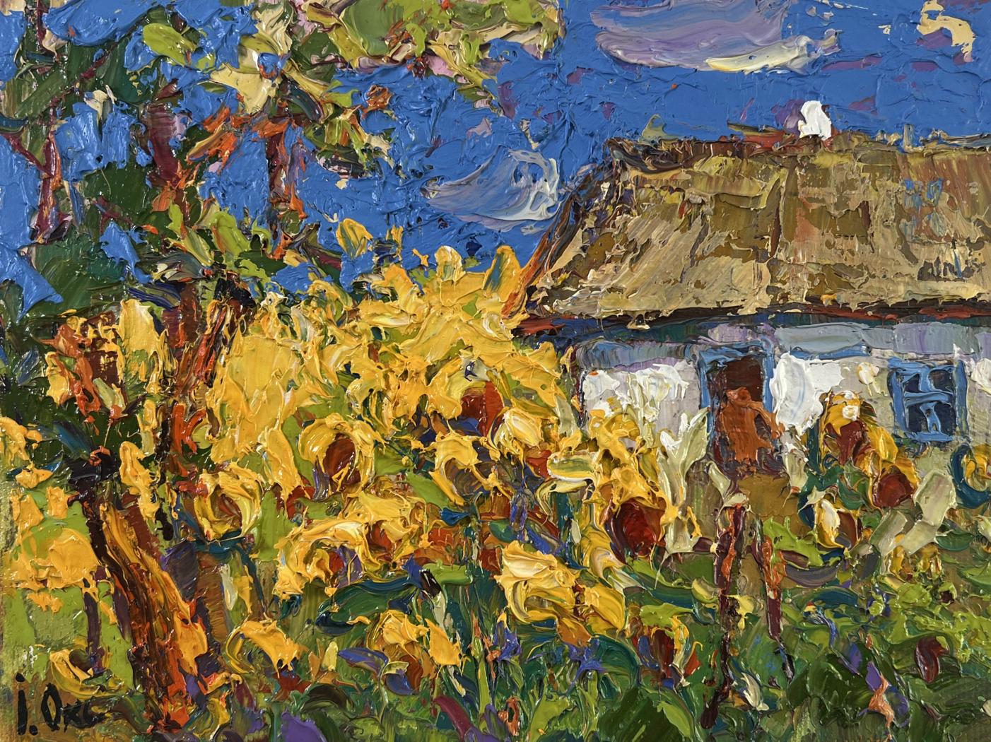 Oil painting of vibrant yellow sunflowers and rustic house by Oksana Ivanyuk