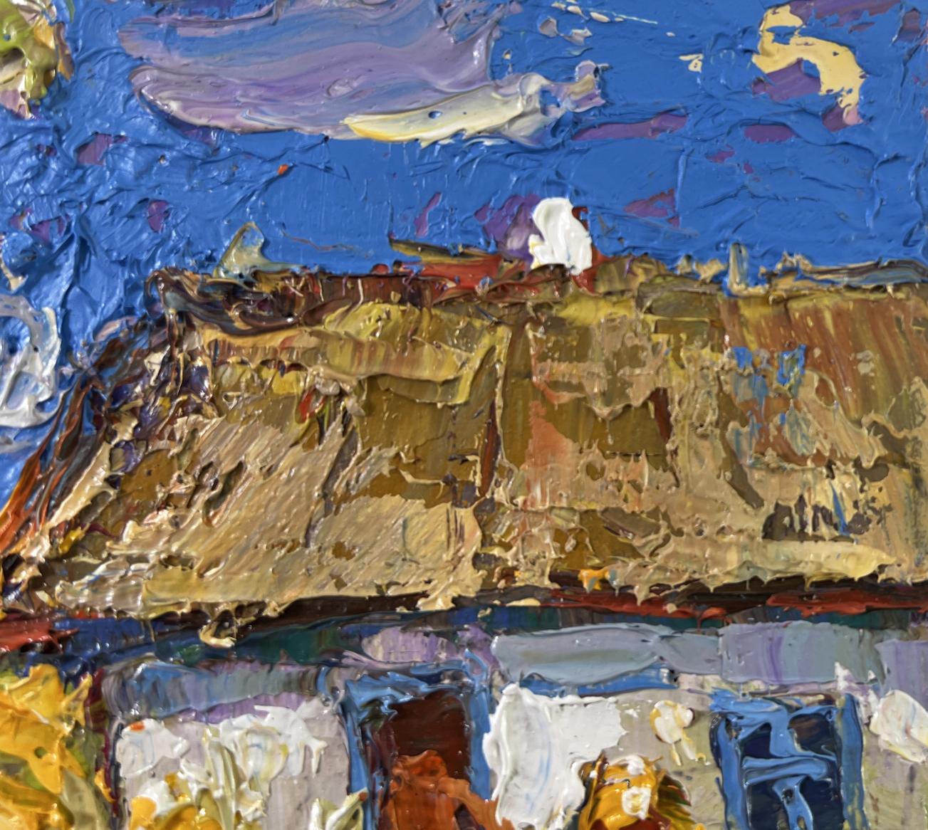 Oil painting of house and sunflowers by Oksana Ivanyuk with textured brown roof under blue sky
