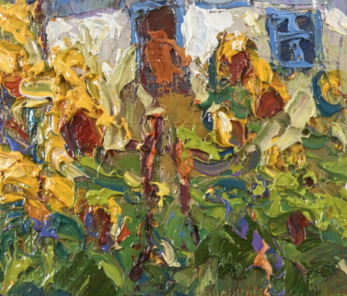 Vibrant impressionist oil painting of house and sunflowers by Oksana Ivanyuk