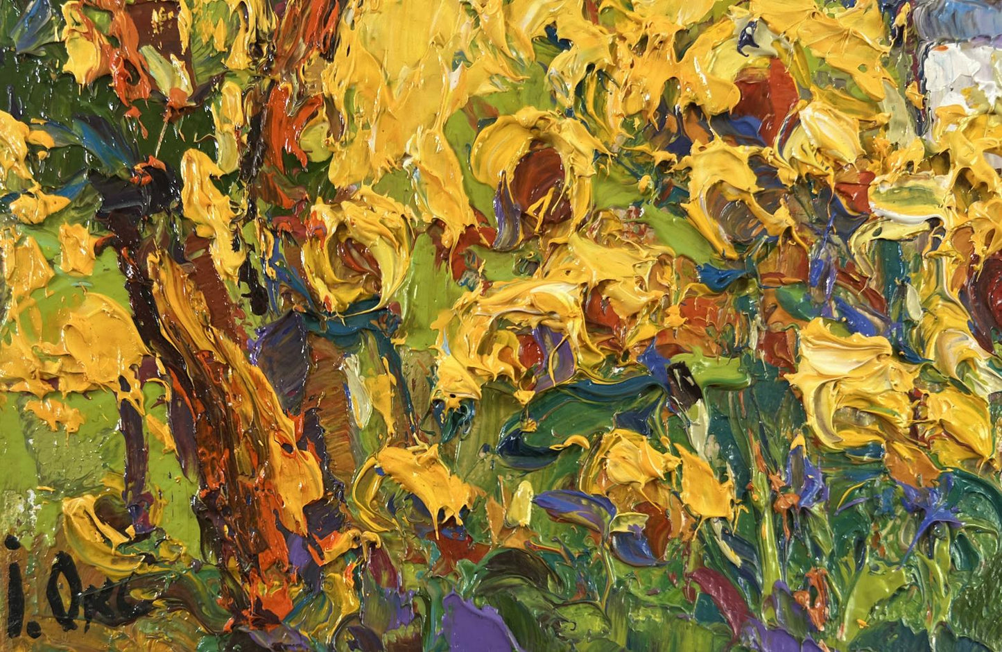 Vibrant impressionist oil painting of house and sunflowers by Oksana Ivanyuk