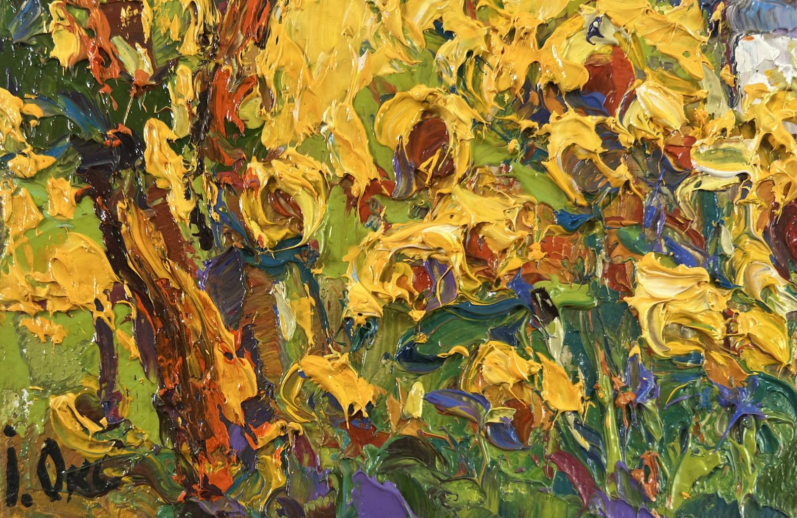 Vibrant impressionist oil painting of house and sunflowers by Oksana Ivanyuk