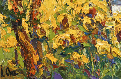 Vibrant impressionist oil painting of house and sunflowers by Oksana Ivanyuk