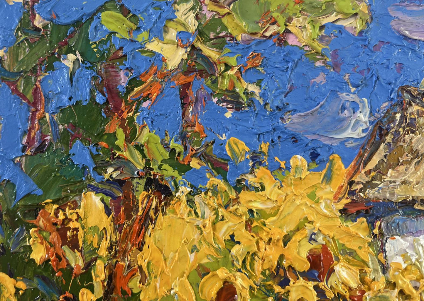 Vibrant impressionist oil painting of house, sunflowers by Oksana Ivanyuk
