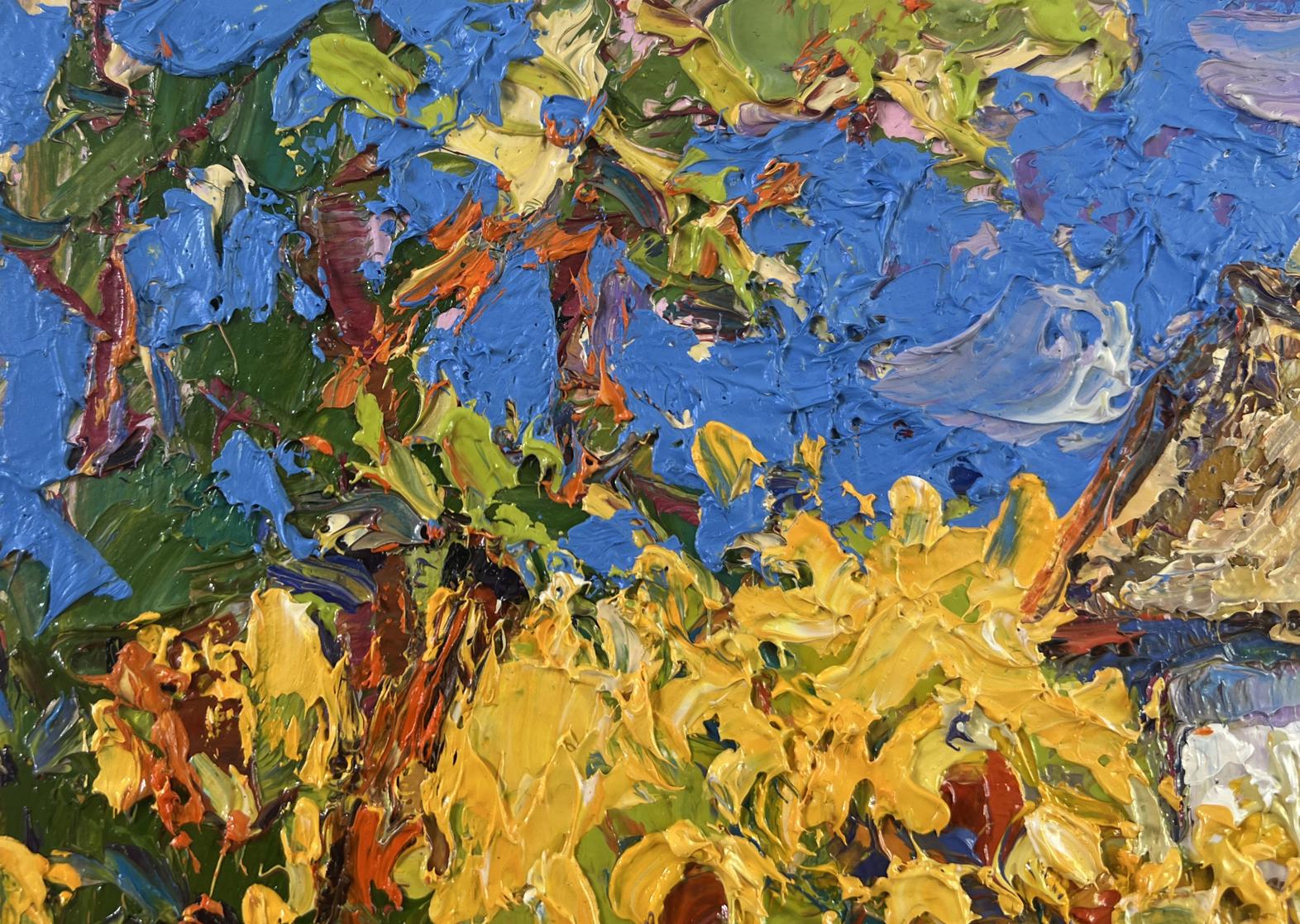 Vibrant impressionist oil painting of house, sunflowers by Oksana Ivanyuk