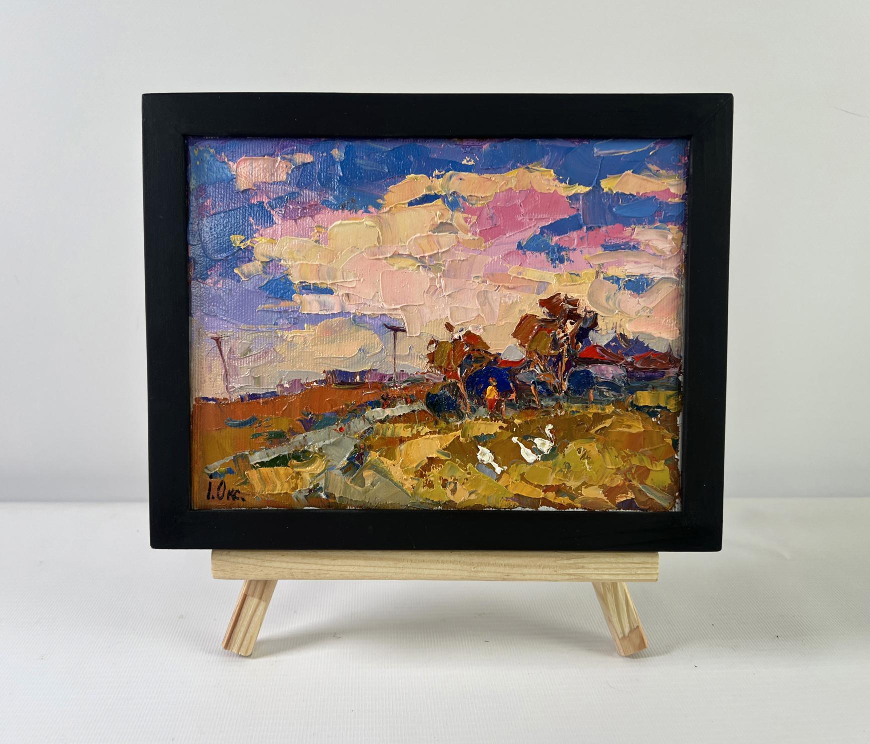 Oil painting Evening pink clouds by Oksana Ivanyuk, vibrant impressionistic landscape