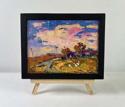 Oil painting Evening pink clouds by Oksana Ivanyuk, vibrant impressionistic landscape