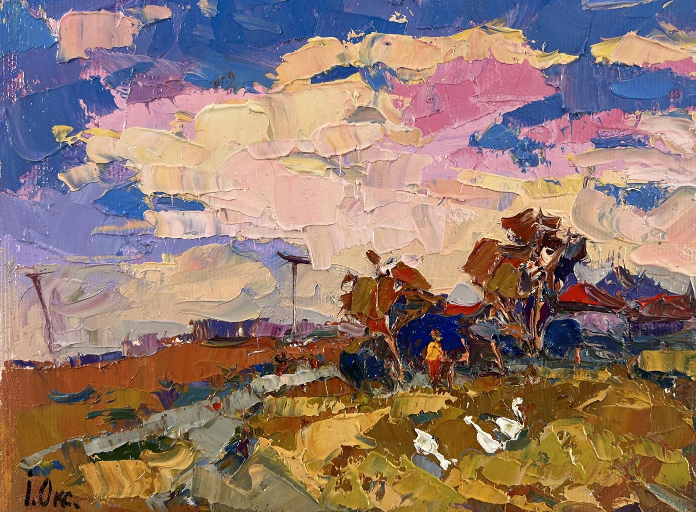 Vibrant impressionist oil painting Evening pink clouds by Oksana Ivanyuk