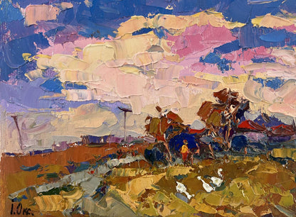 Vibrant impressionist oil painting Evening pink clouds by Oksana Ivanyuk