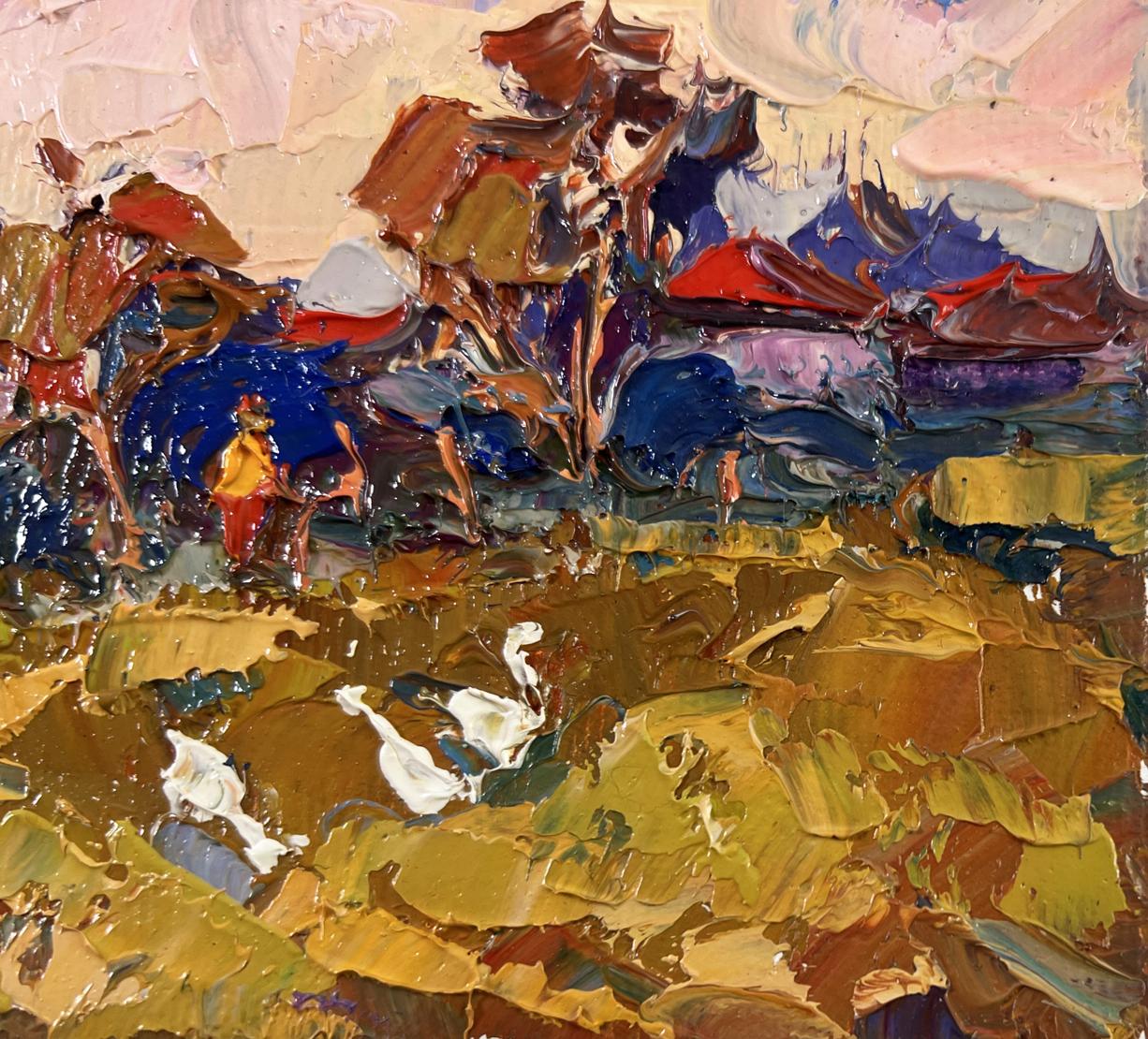 Vibrant impressionist oil painting Evening pink clouds by Oksana Ivanyuk