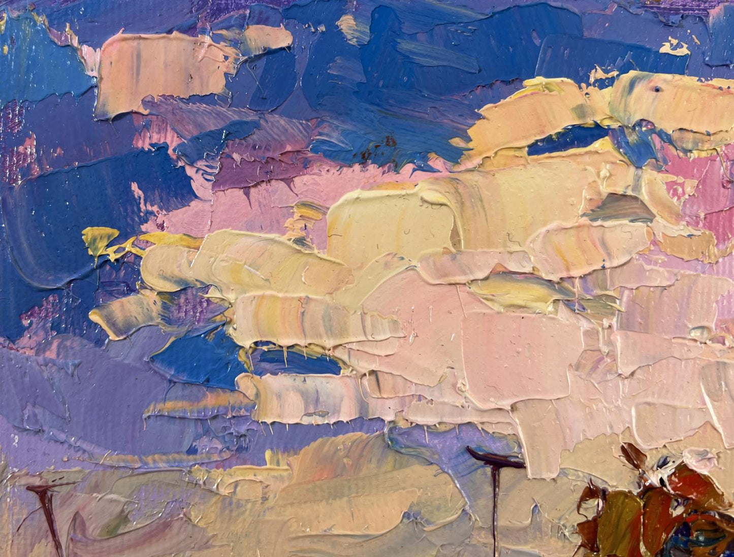 Oil painting Evening pink clouds by Oksana Ivanyuk with textured blues and pinks