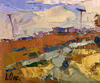 Oil painting Evening pink clouds by Oksana Ivanyuk textured landscape