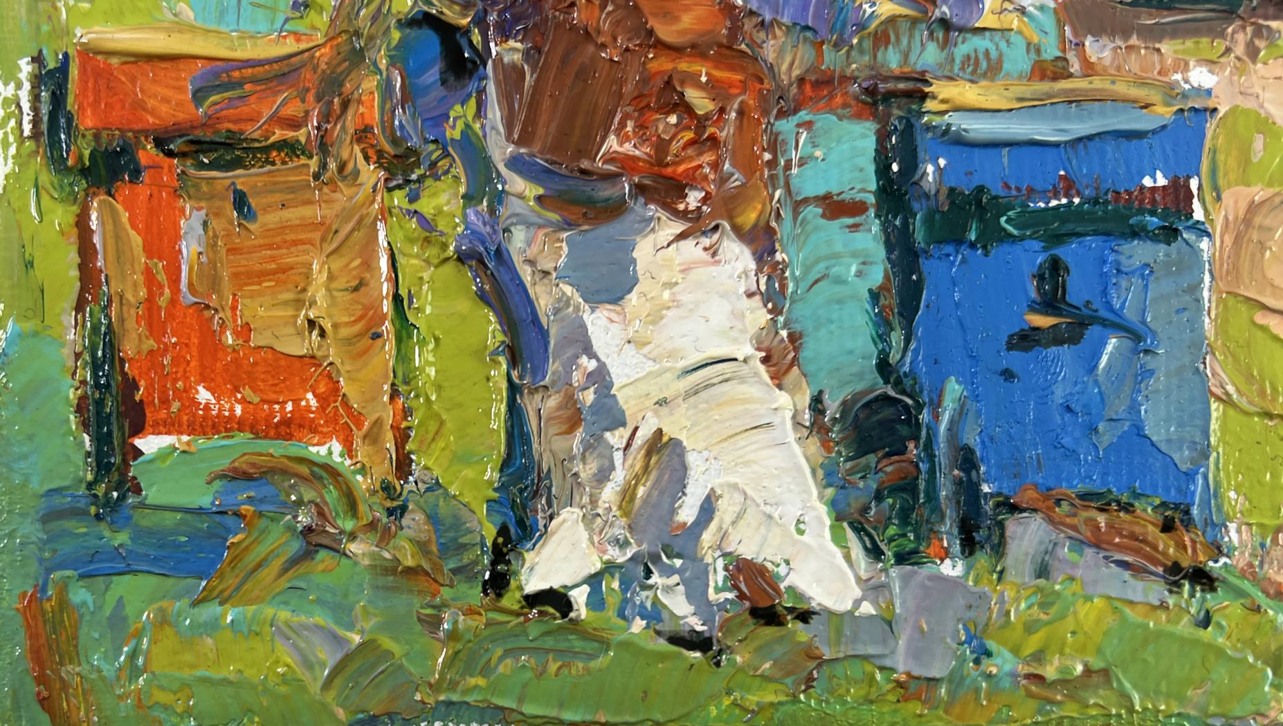 Vibrant oil painting of old apple tree by Oksana Ivanyuk with bold orange, blue, green, white brushstrokes