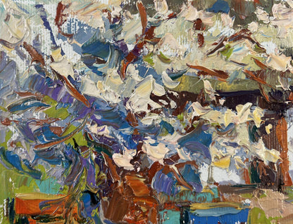 Vibrant oil painting of old apple tree by Oksana Ivanyuk with bold brushstrokes