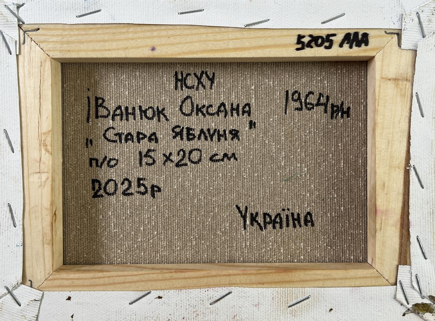 Back of Oil painting Old apple tree Oksana Ivanyuk with Cyrillic text