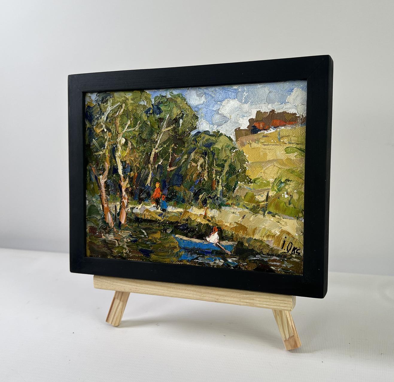 Oil painting of family vacation on lake by Oksana Ivanyuk