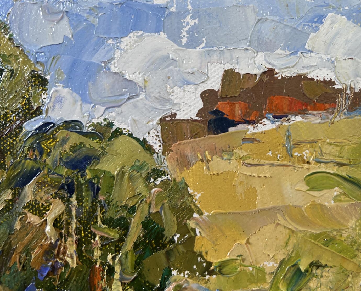 Impasto oil painting of family vacation on Lake Oksana Ivanyuk with bold green, yellow, blue strokes