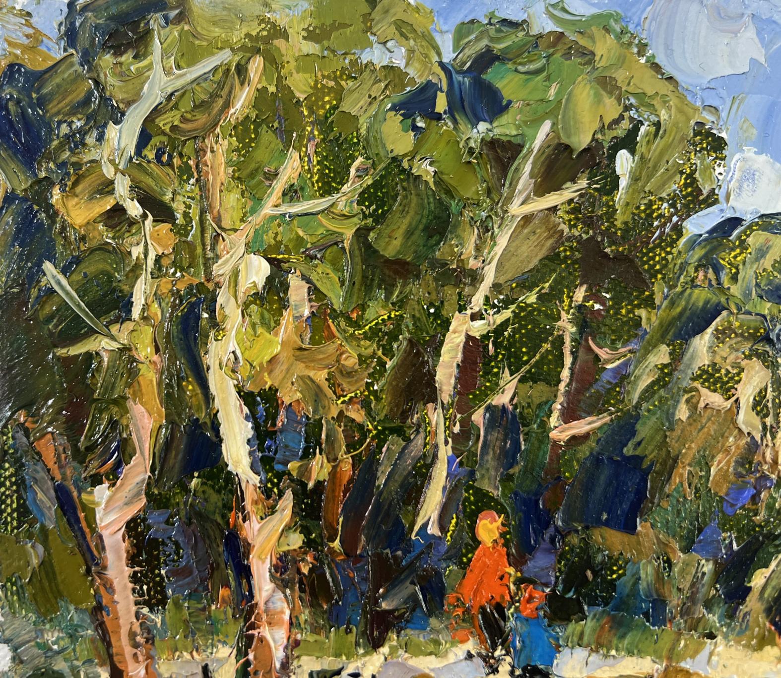 Vibrant impressionist oil painting by Oksana Ivanyuk with lush green trees and figure in orange coat