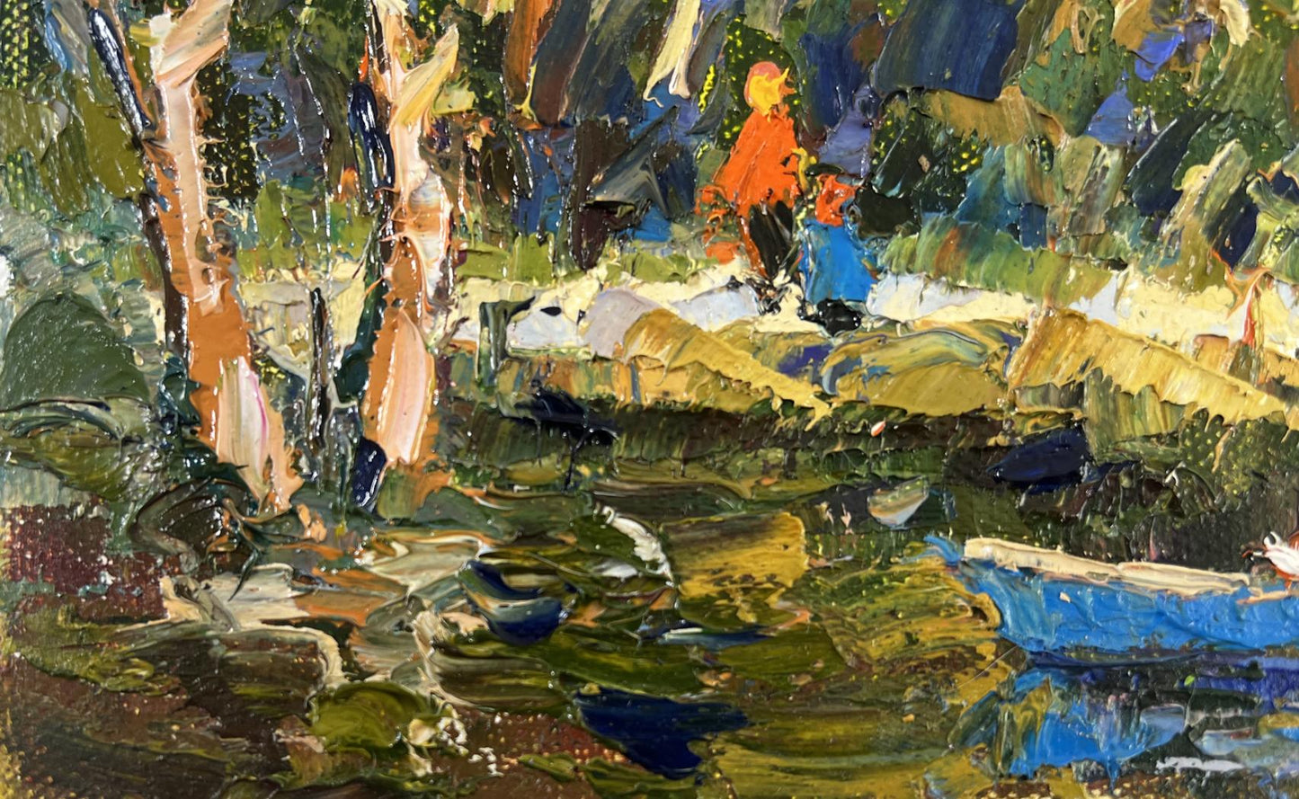 Vibrant impressionist oil painting of family vacation on lake by Oksana Ivanyuk