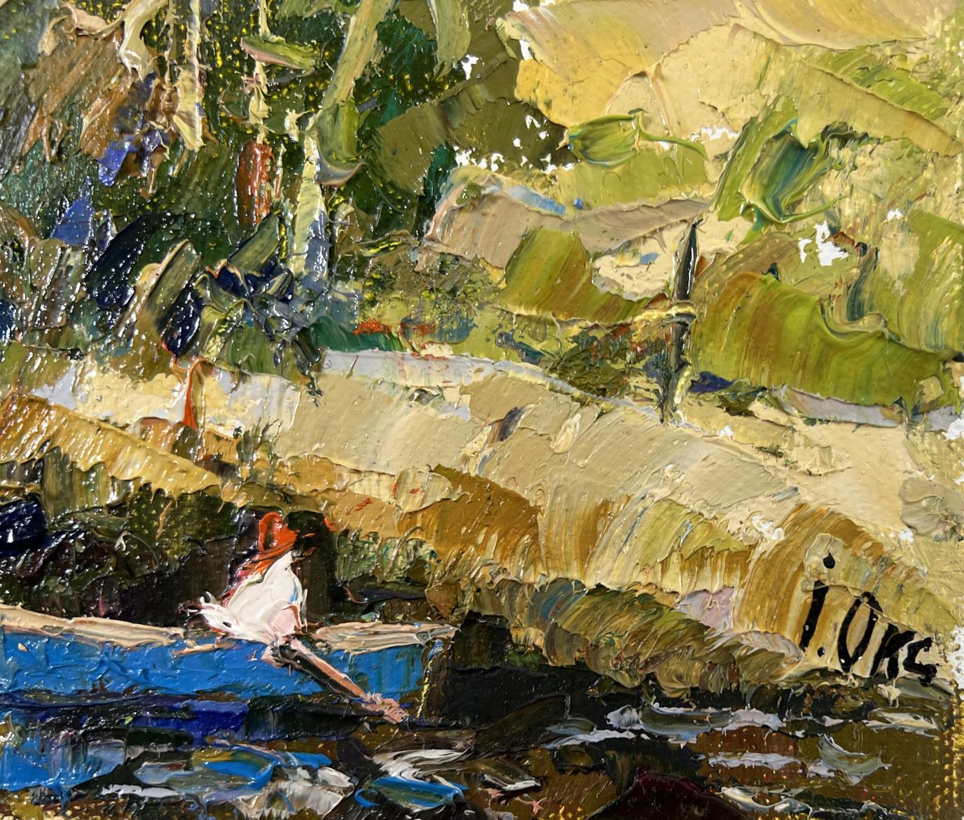 Impasto oil painting by Oksana Ivanyuk: Family vacation on lake, figure in boat
