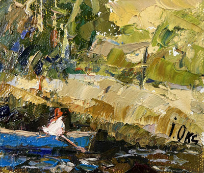 Impasto oil painting by Oksana Ivanyuk: Family vacation on lake, figure in boat