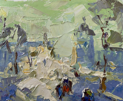 Oil painting There was a lot of snow by Oleksiy Ivanyuk, abstract green blue white snowscape