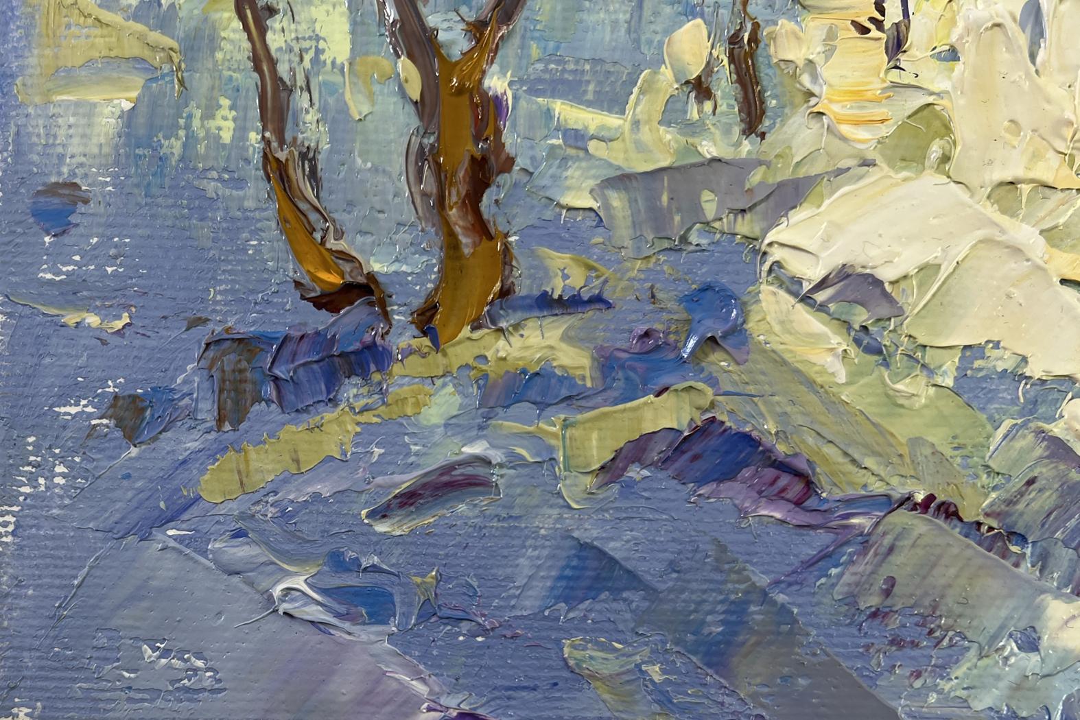 Impressionistic oil painting of snowy tree trunks by Oleksiy Ivanyuk