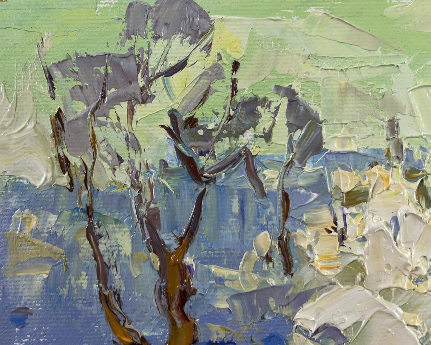 Impasto oil painting of snowy stylized trees by Oleksiy Ivanyuk