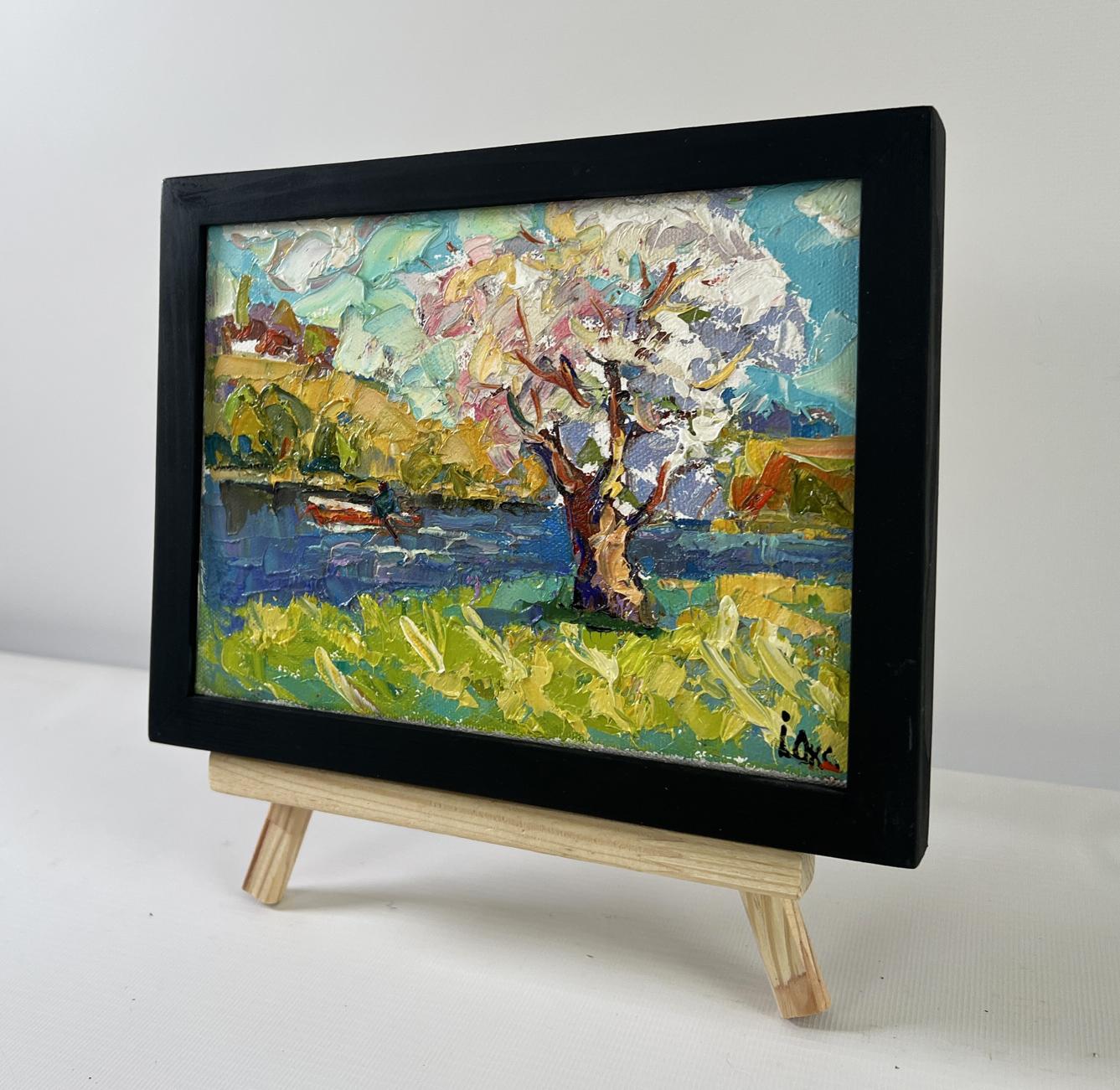 Oil painting Early spring morning Oksana Ivanyuk in black frame on easel