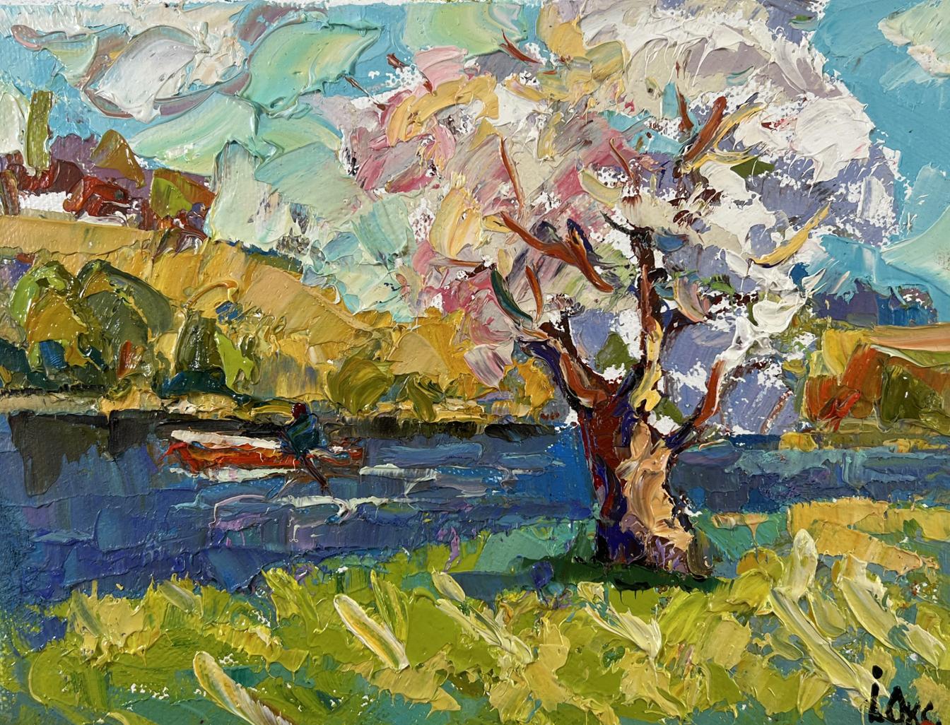 Oil painting Early spring morning by Oksana Ivanyuk: blossoming tree in vibrant landscape