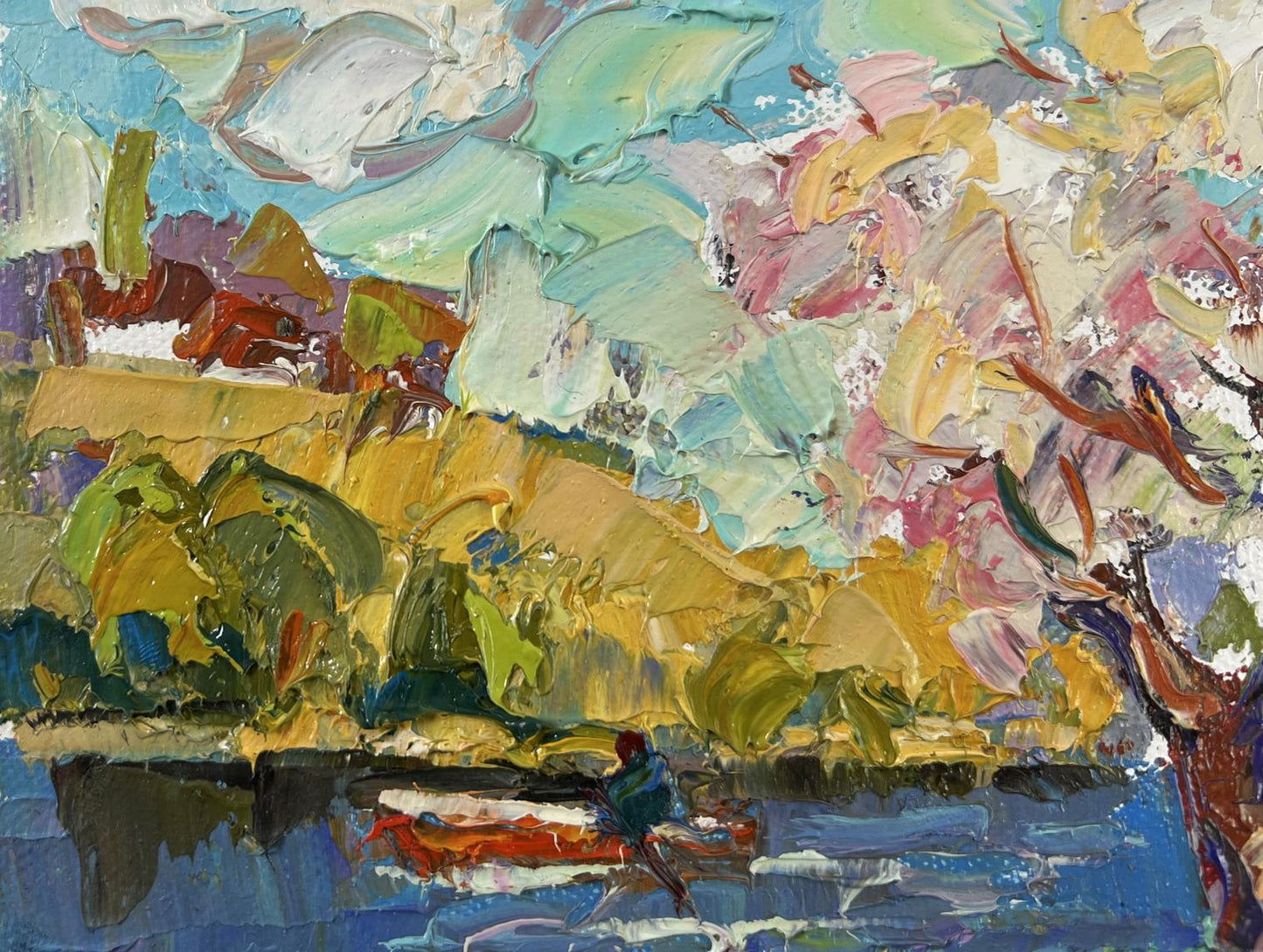Oil painting Early spring morning by Oksana Ivanyuk with red rowboat