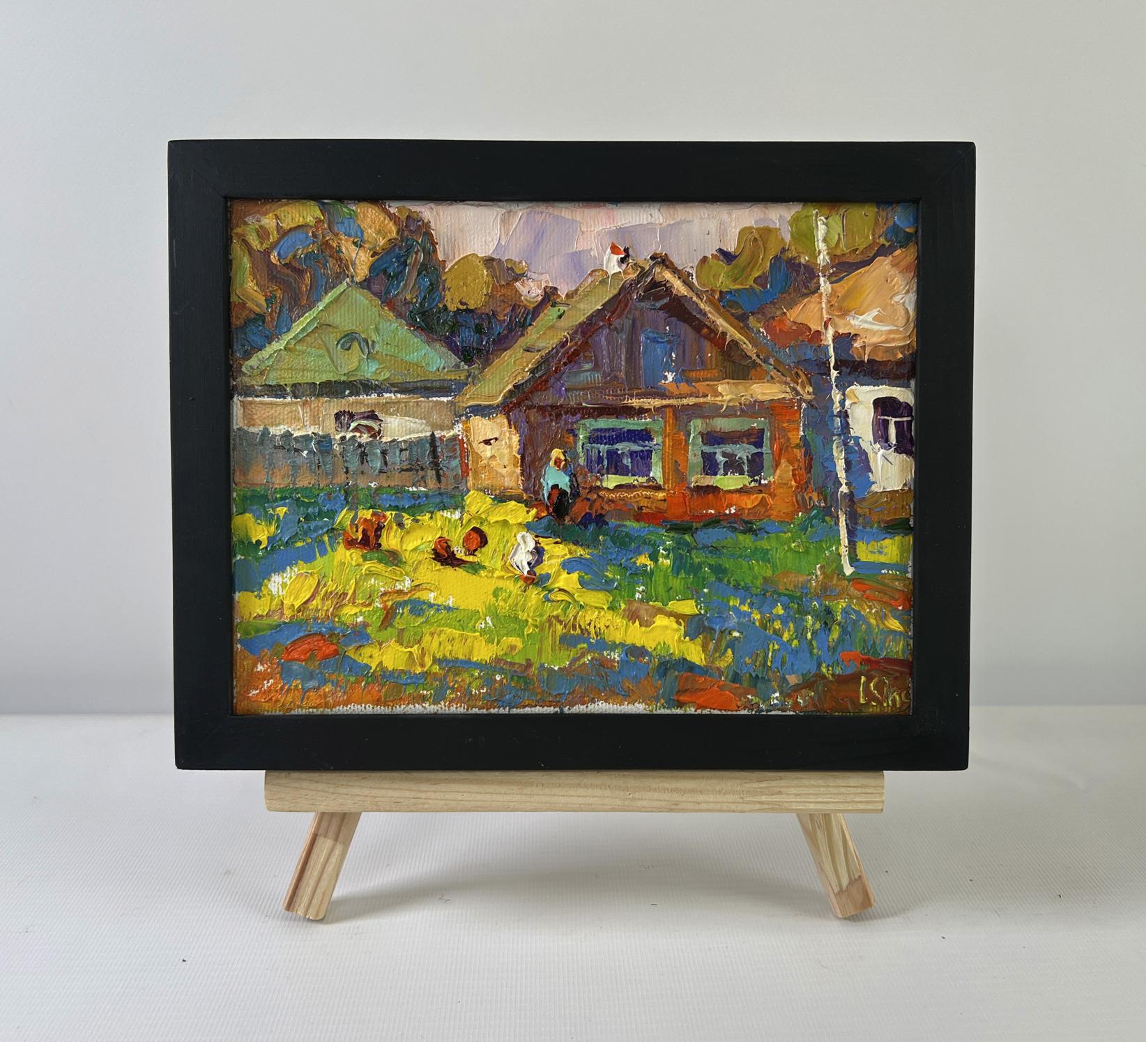 Vibrant impressionist oil painting Returning home by Oksana Ivanyuk in black frame on wooden easel