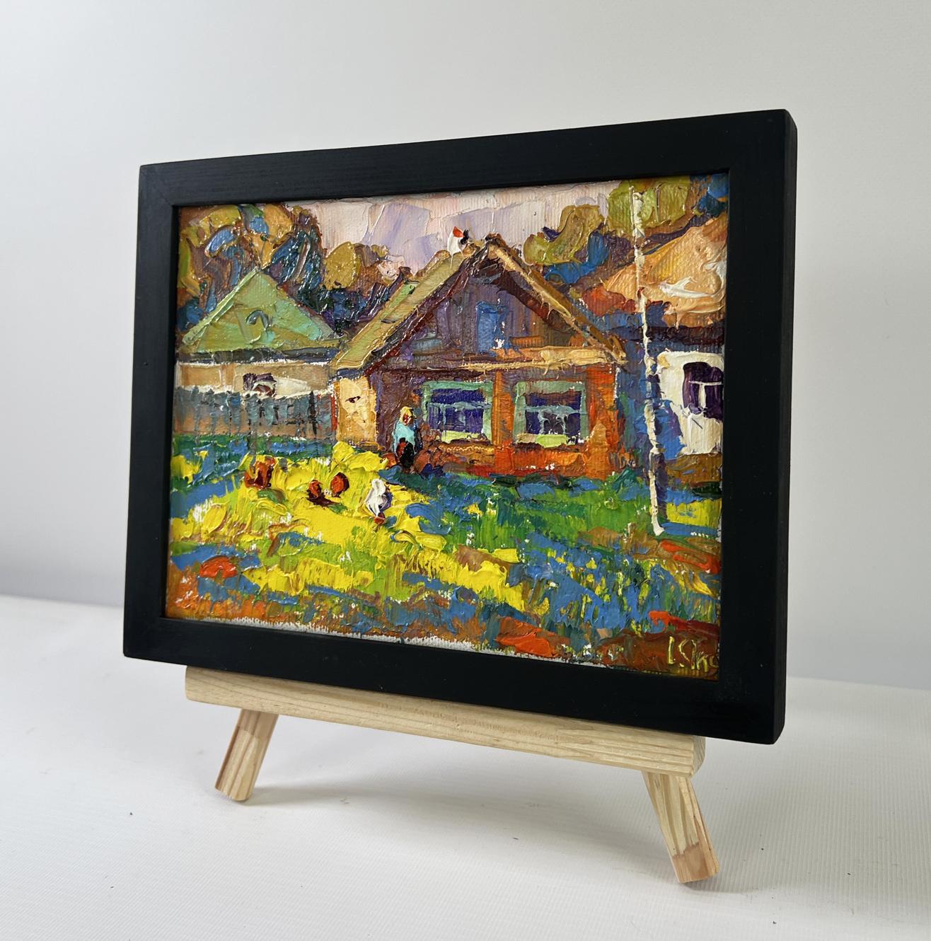 Oil painting Returning home by Oksana Ivanyuk, vibrant impressionist village on easel